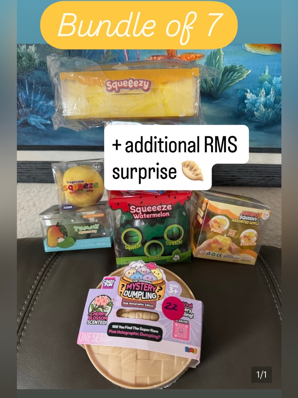 Watermelon & Assorted Squishy Stress Toys - fruits, Vegetables, 🧈& RMS dumpling🥟